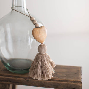 Carved Wooden Heart With Beads and Tassel
