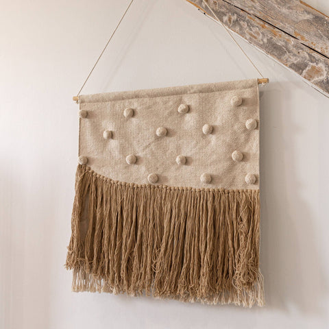 Hand Woven Wall Art with Poms and Fringe