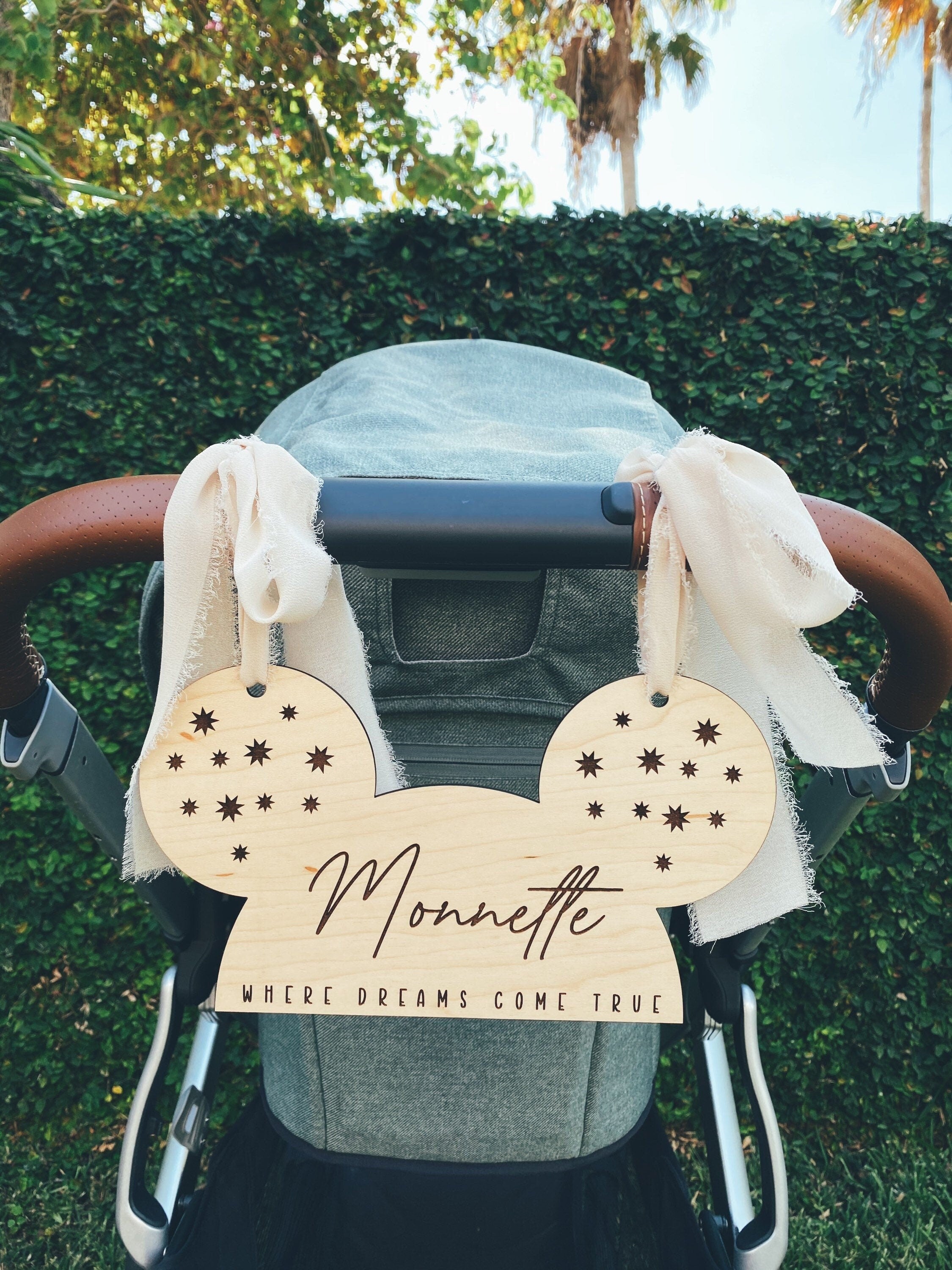 Disney Inspired Mouse Ears Stroller Tag, WDW Personalized Wood Stroller Tag, Kids Stroller Sign, Stroller Mickey Hat, Mickey Ears Decor