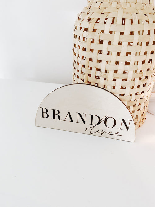 Arched wooden baby name announcement plaque