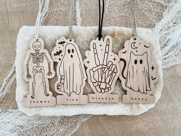 Halloween Name Tags, Boo Basket Tags, Modern Party Favor, Cat As Ghost, Skeleton Design, Peace Skeleton